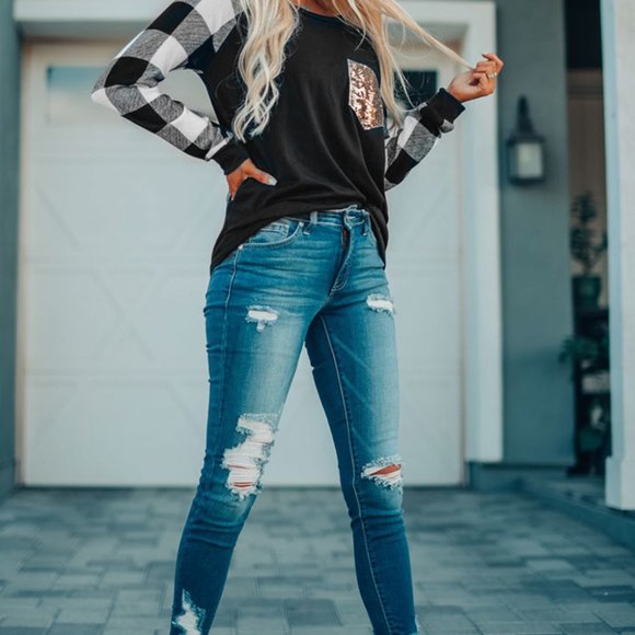 NEW! Black White Buffalo Check Sleeve Shirt Sequin - Picture 6 of 14